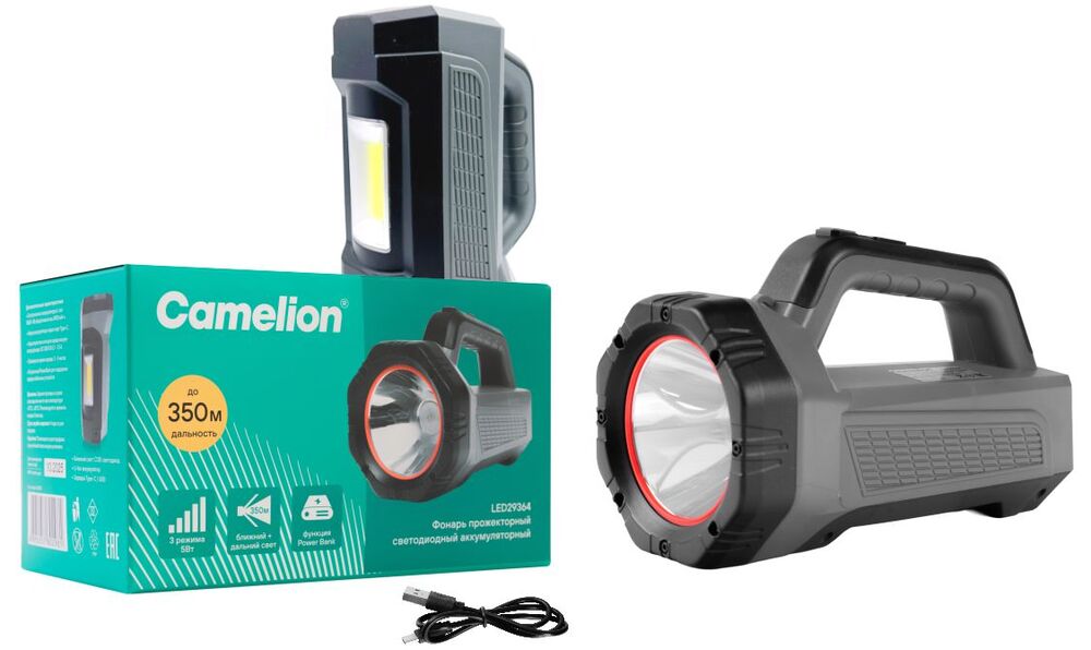 Фонарь CAMELION LED29364 (акк. сер., LED+COB, 5 Вт, 3 реж.,USB2.0,Type-C, PB, 2,4 А-ч, пласт., кор.)