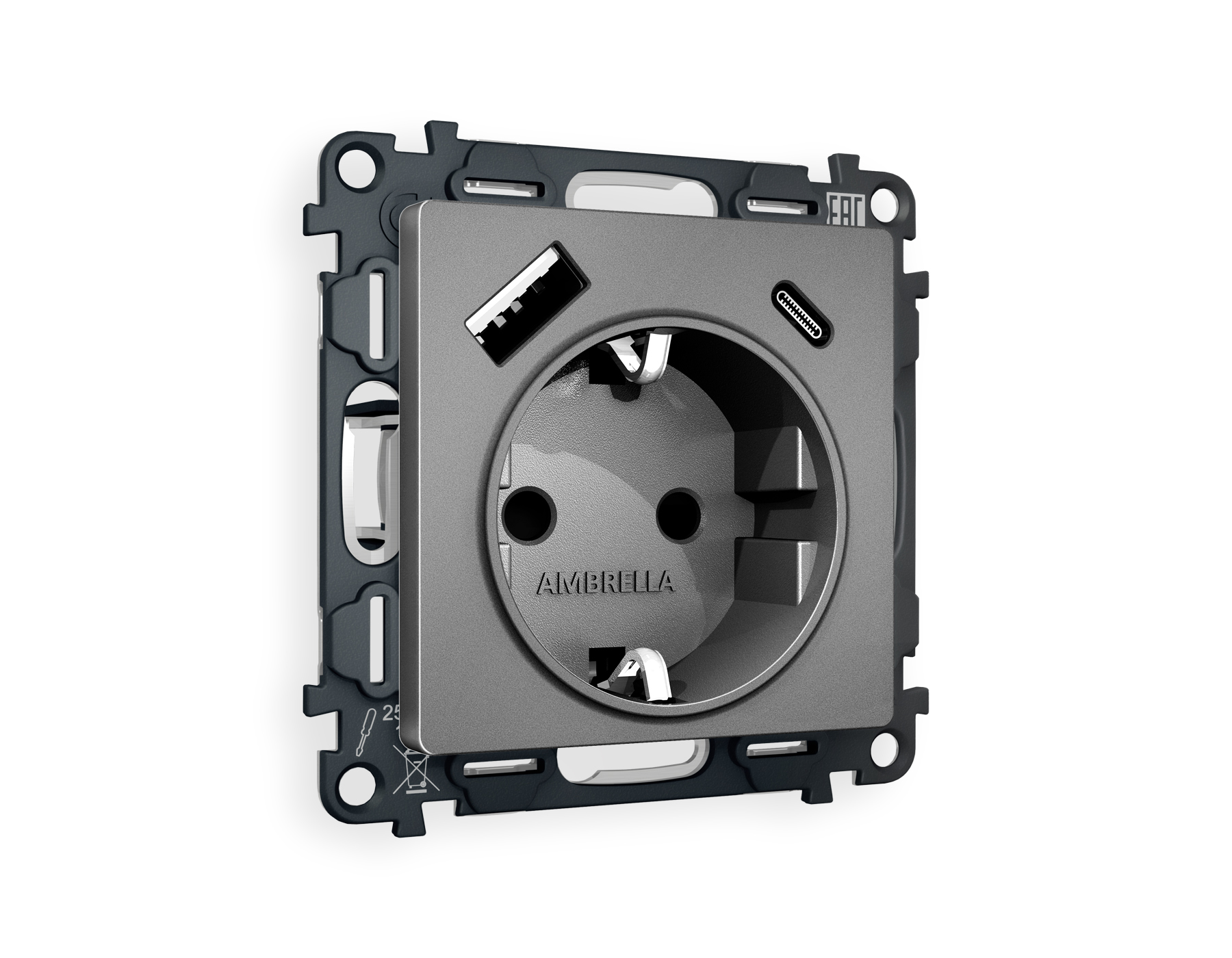 MA660010 Комплект механизма электр розетки ALFA Антрацит серый 2USB A+C 20W с/з QUANT (AP6600,VM160)