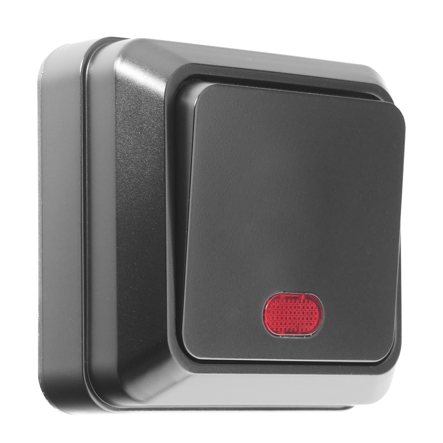 Выключатель 1-кл. открытой установки с подсветкой IP20 10А, черный  "Альфа" General