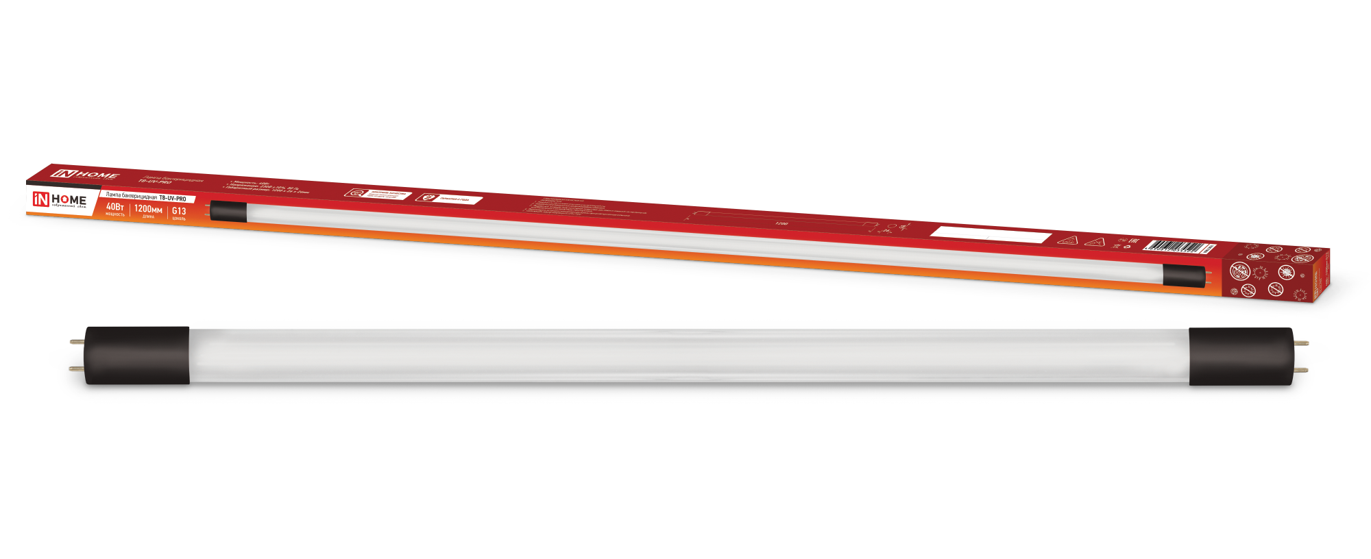 Лампа бактерицидная IN HOME T8-UV-PRO 40Вт 230В G13 1200мм прозрачная 