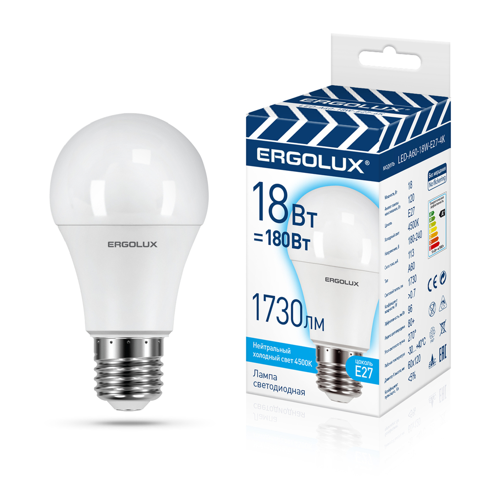 Лампа Ergolux LED-A60-18W-E27-4K ЛОН 172-265V