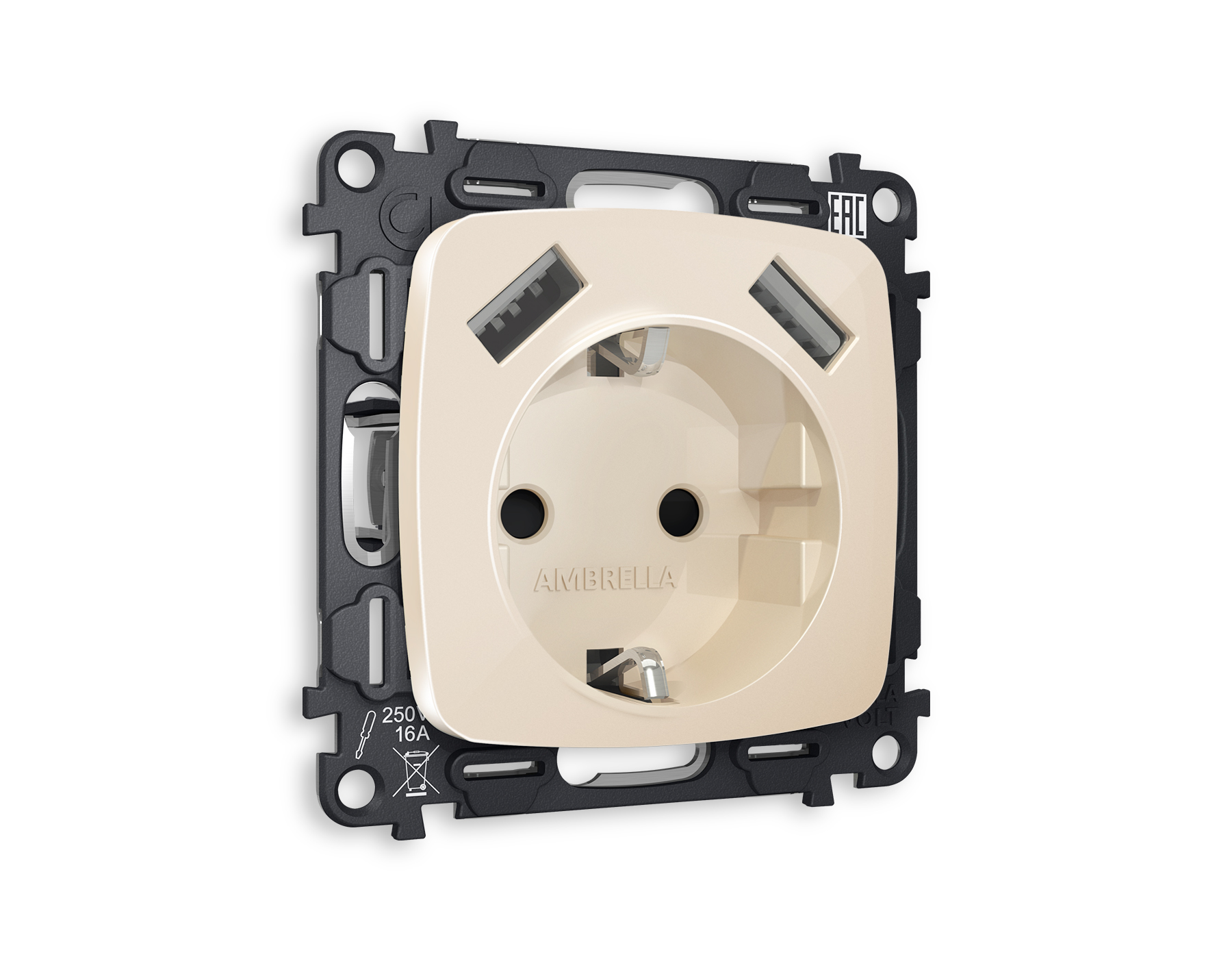 MO309010 Комплект механизма электр розетки OMEGA Бежевый глянец 2USB A+A 18W с/з QUANT(OP3090,VM155)