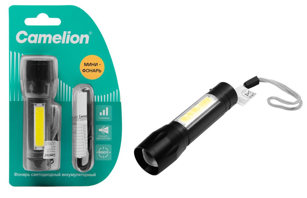 Фонарь CAMELION LED29360 (аккум. 3,7В, черный, XPE + COB LED, 3 Вт, 3 реж., Type - C,  блист.)