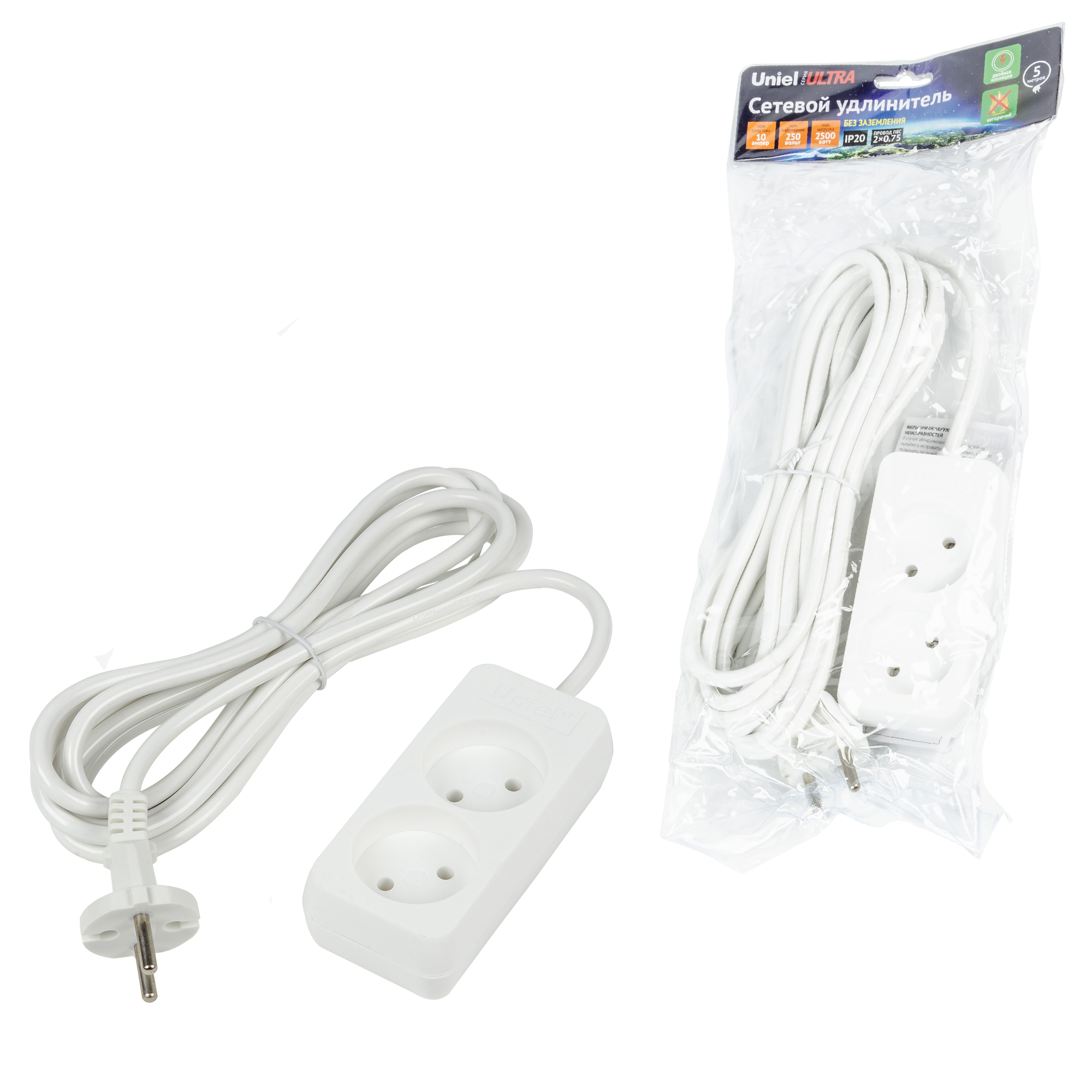 Удлинитель UNIEL S-CU2-5 WHITE шнур 5м., 2 гнезда, 10A, б/з. Белый, серии Ultra