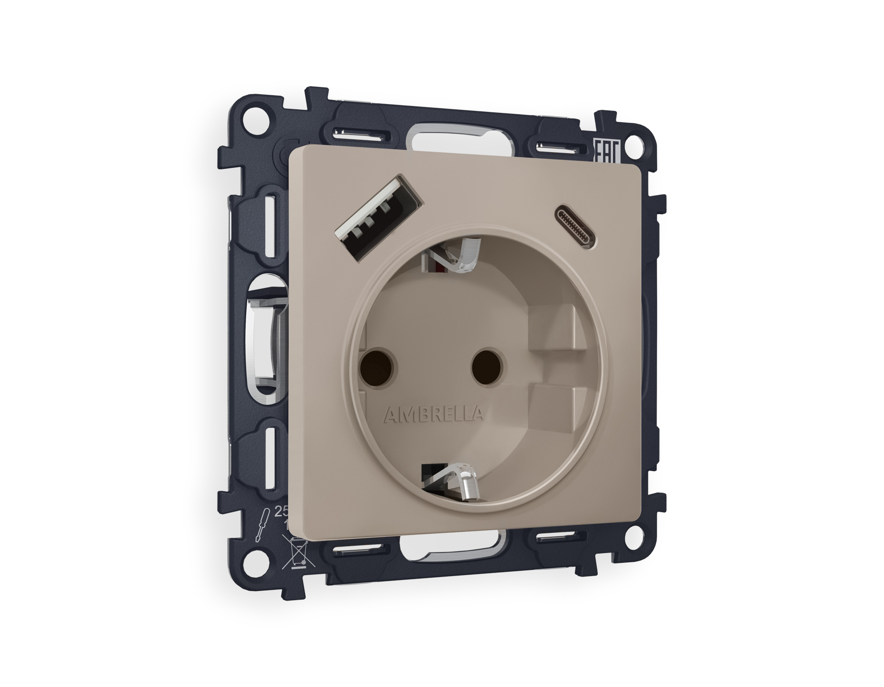 MA370010 Комплект механизма электр розетки ALFA Серо-беж матов 2USB A+C 20W с/з QUANT (AP3700,VM160)