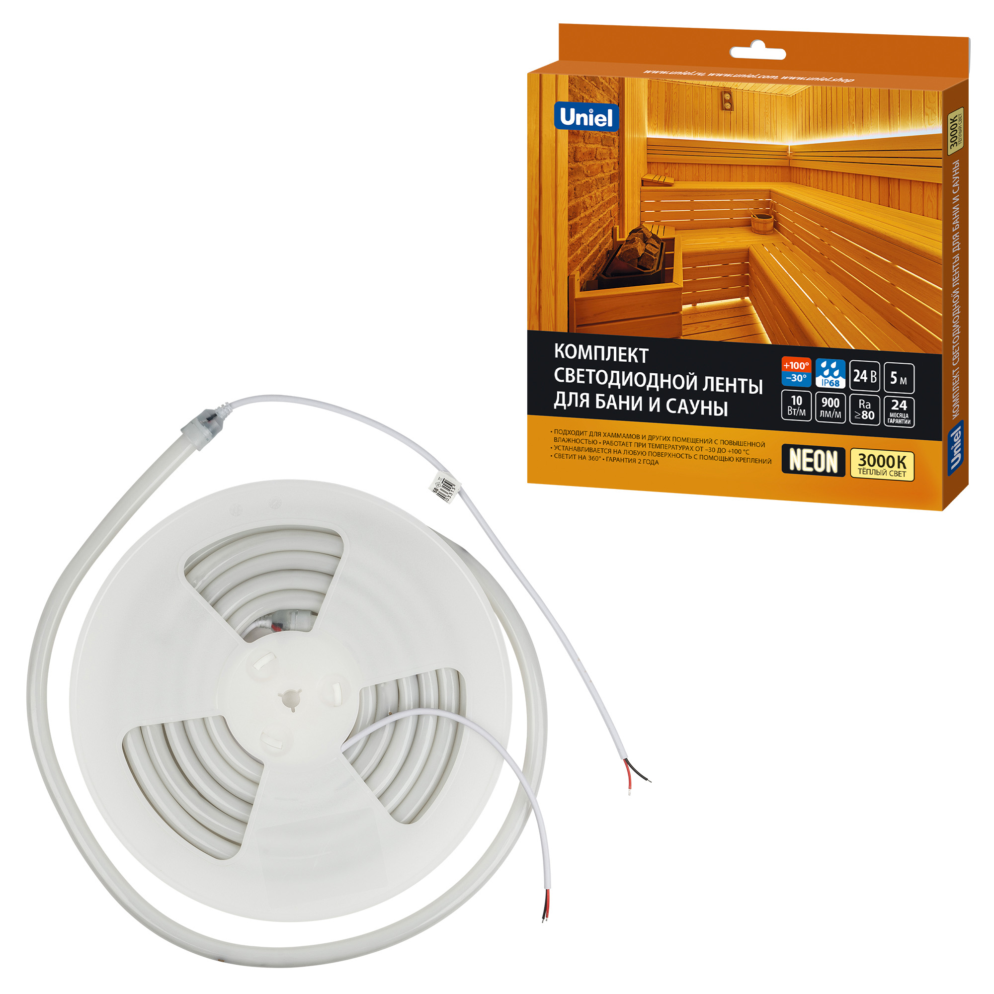 Комплект светод. ленты для бань и саун ULS-N40-2835-120LED/m-16mm-IP68-DC24V-10W/m-5M-3000K NEON