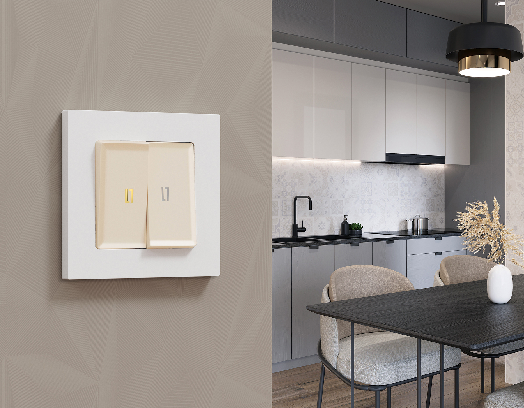 MA324030 Комплект механизма 2-кл прох.выкл с подсв 3200K ALFA Бежевый матов QUANT(AP3240,VM120,G22Y)