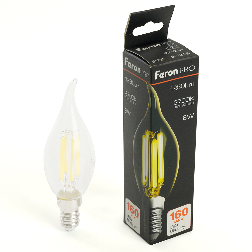 Лампа светодиодная FERON PRO LB-1218 1280LM 8W 175-265V E14 2700K C35T прозрачная 