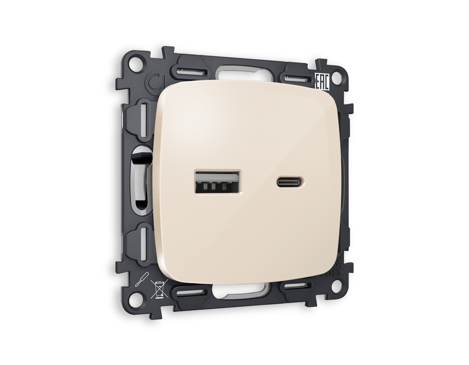 MO311010 Комплект механизма розетки OMEGA Бежевый глянец 2USB A+C 20W быстр/зар QUANT (OP3100,VM177)