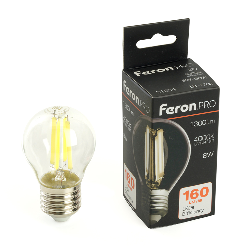 Лампа светодиодная FERON PRO LB-1708 1300LM 8W 175-265V E27 4000K G45 прозрачная 