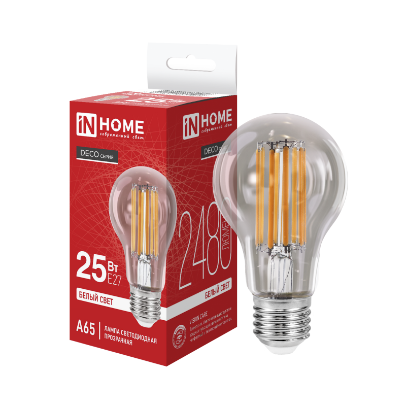 Лампа светодиодная LED-A65-deco 25Вт 230В Е27 4000К 2480Лм прозрачная IN HOME