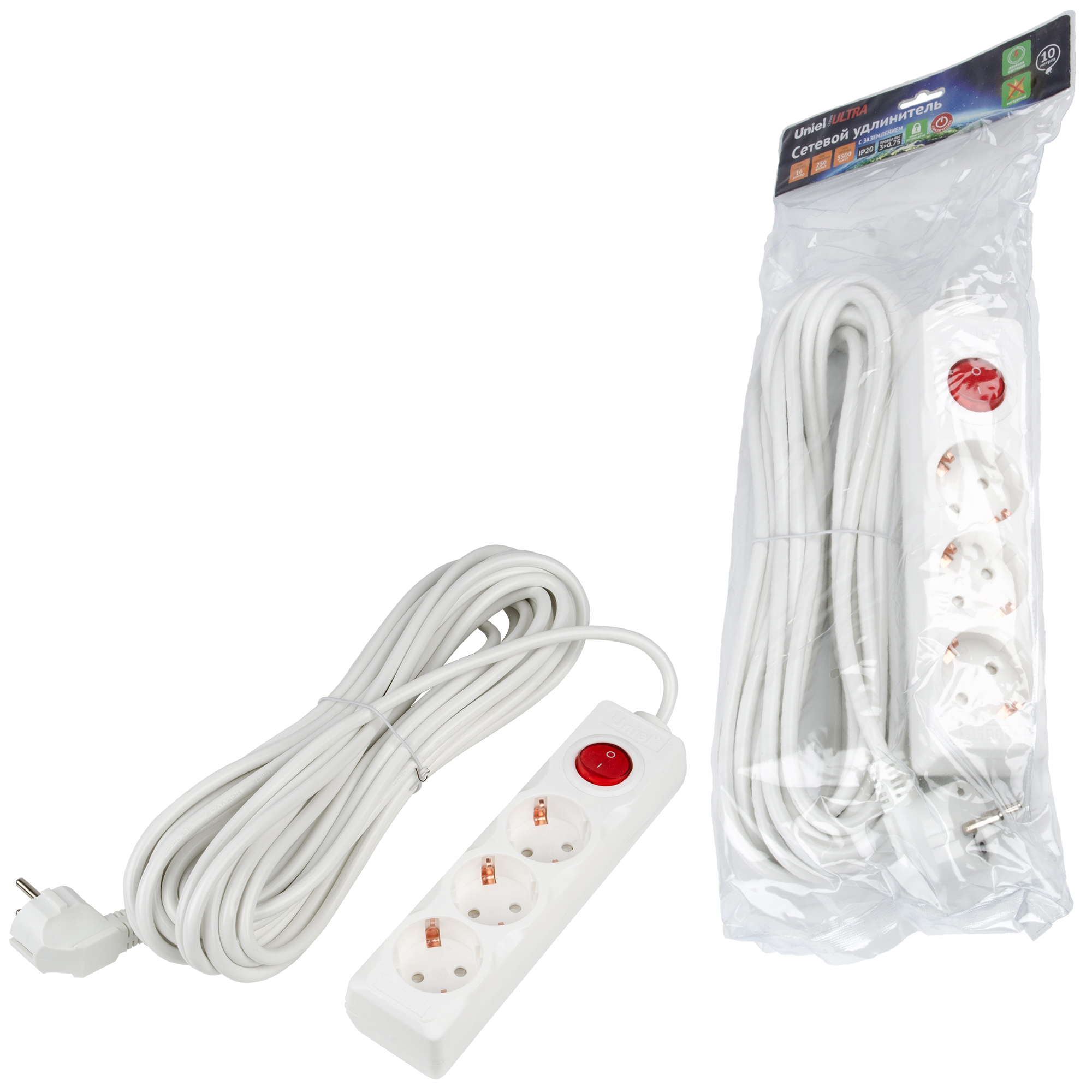 Удлинитель UNIEL S-GCU3-10B WHITE шнур 10м., 3 гнезда, 16A, с/з. Белый. серии Ultra