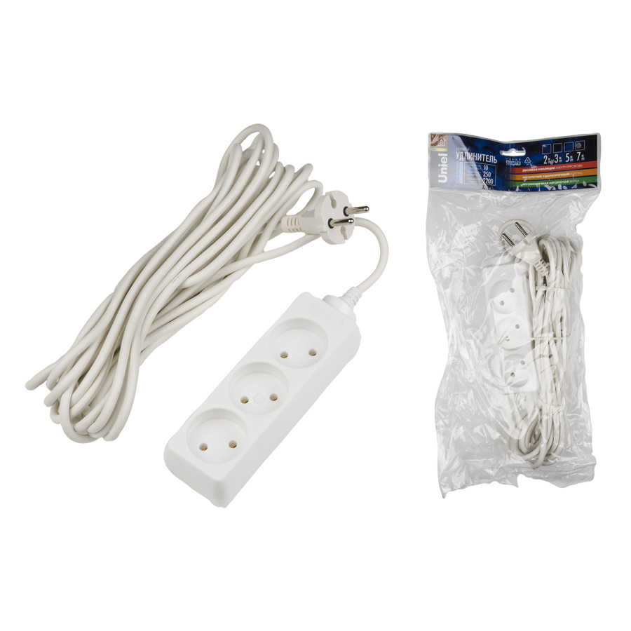 Удлинитель UNIEL S-CD3-7 шнур 7 м., 3 гнезда, б/з. Белый. серии Standart