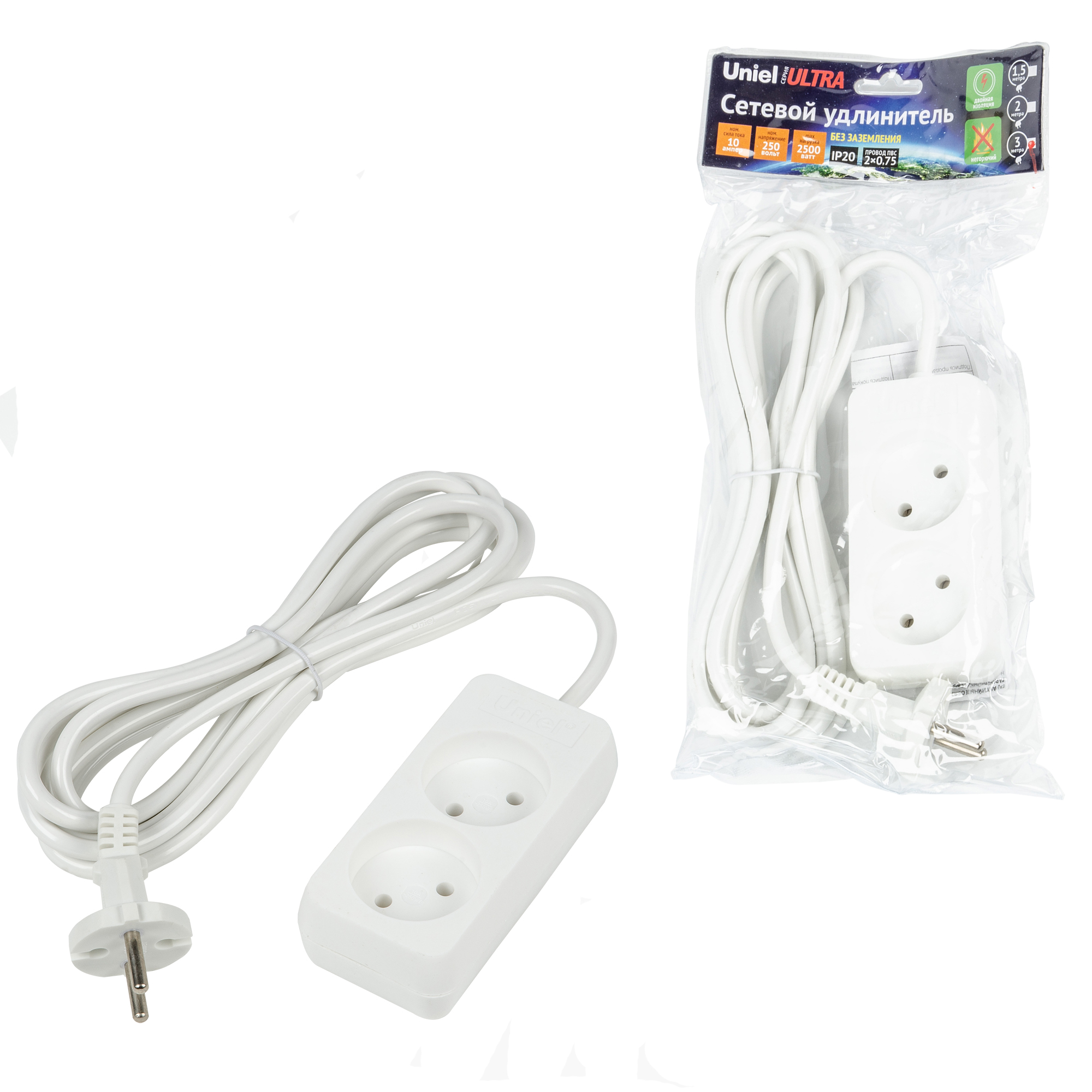 Удлинитель UNIEL S-CU2-3 WHITE  шнур 3м., 2 гнезда, 10A, б/з. Белый, серии Ultra