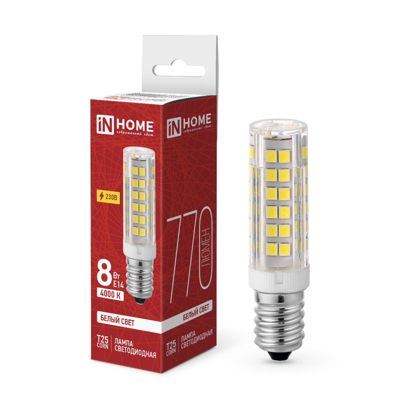 Лампа светодиодная IN HOME LED-T25-CORN 8Вт 230В E14 4000К 770Лм 