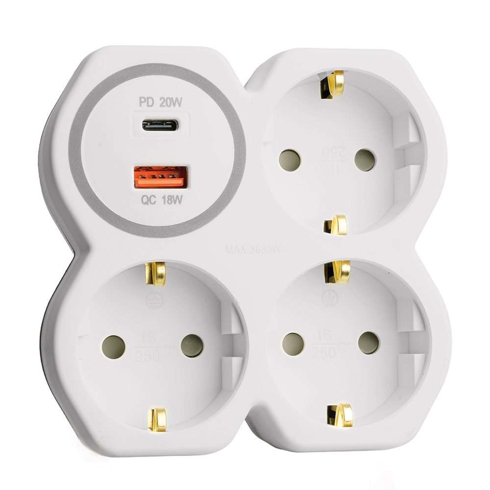 Сетевой разветвитель ADP16-17-20 3-местный с/з, 250В, 16А, USB A+Type C, 2,4А, PD, белый/серый 