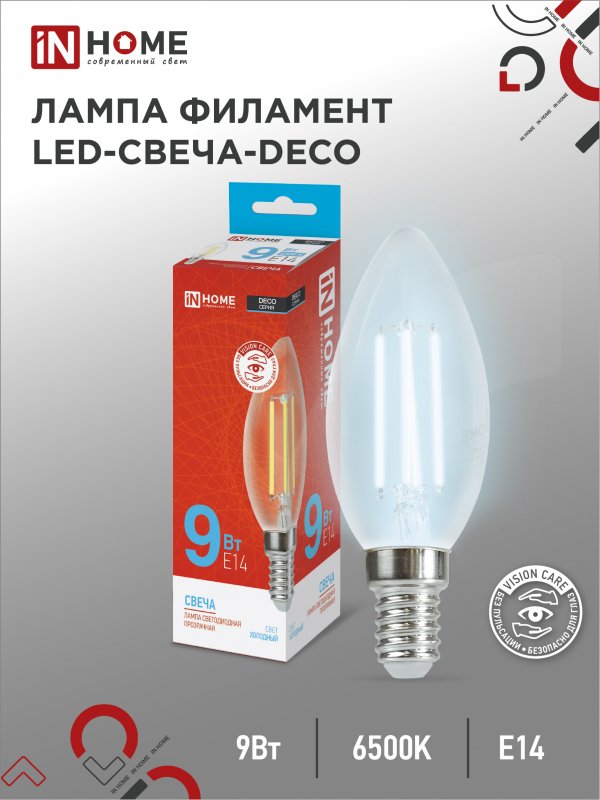 Лампа светодиодная IN HOME LED-СВЕЧА-deco 9Вт 230В Е14 6500К 1040Лм прозрачная