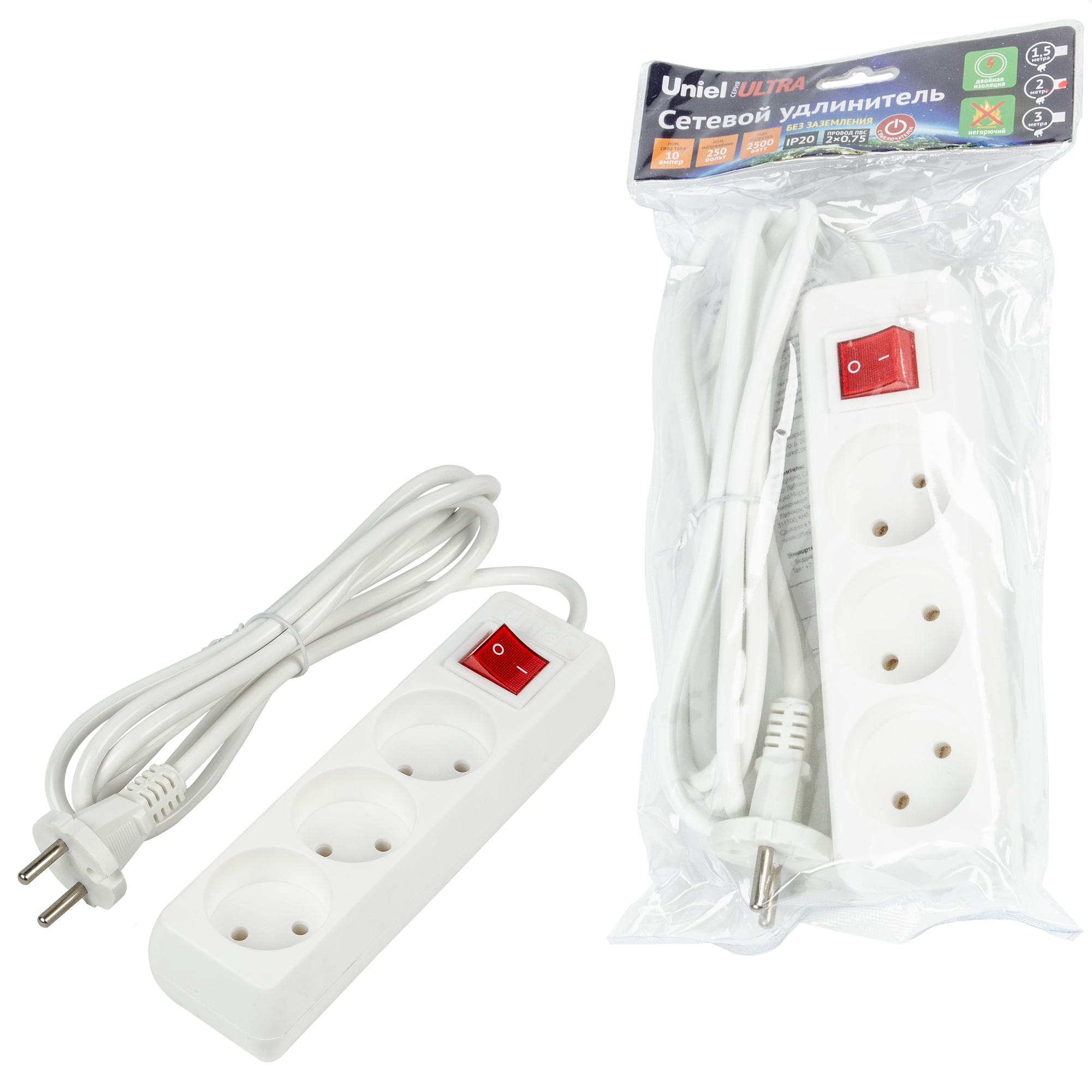Удлинитель UNIEL S-CU3-2B WHITE шнур 2м., 3 гнезда, 10A, б/з, с выкл. Белый. серии Ultra