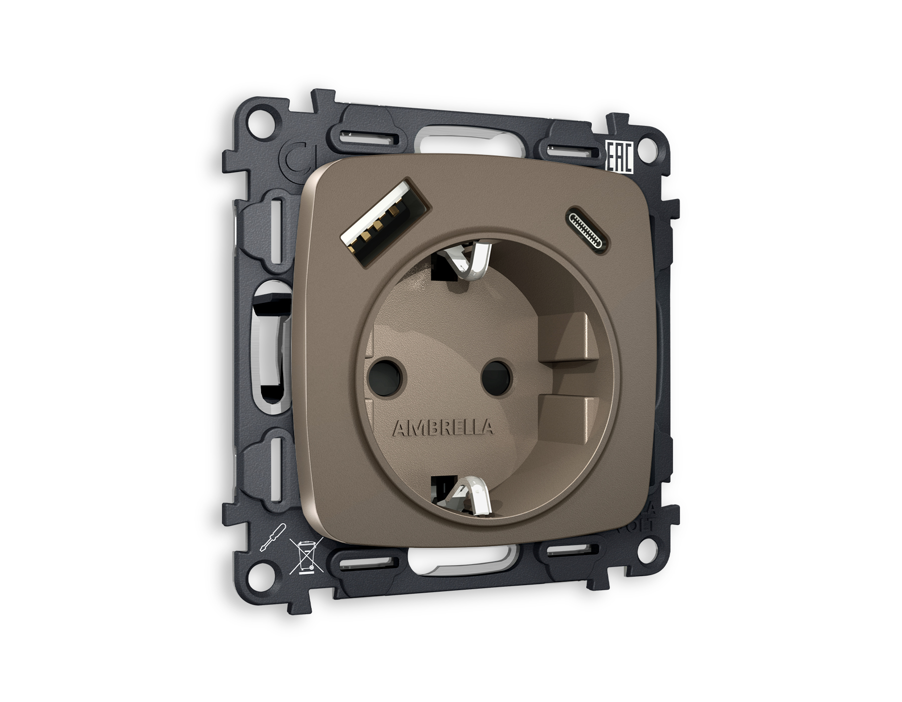 MO640010 Комплект механизма электр розетки OMEGA Тем/бронза матов2USB A+C 20W с/з QUANT(OP640,VM160)