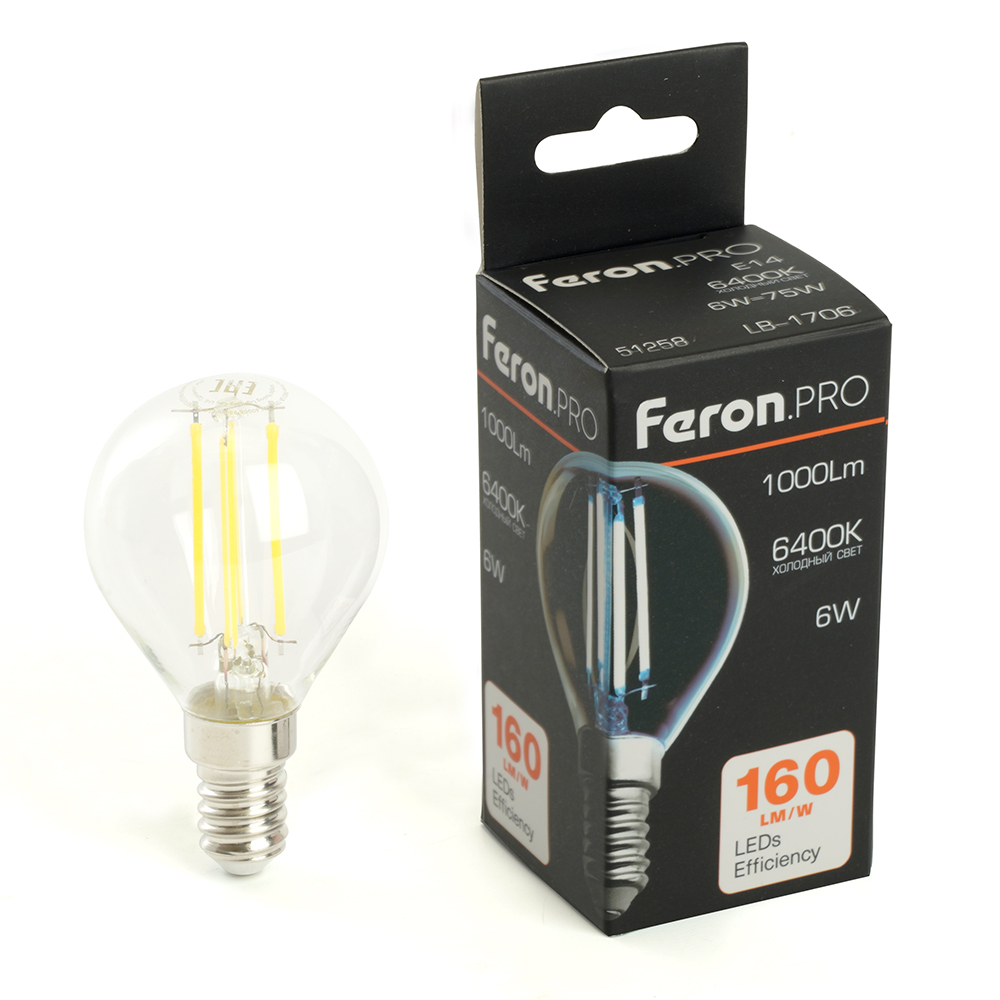 Лампа светодиодная FERON PRO LB-1706 1000LM 6W 175-265V E14 6400K G45 прозрачная 