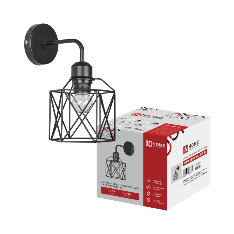Светильник настенный под лампу LOFT ATIKO-WL-E27-BL Е27 черный IN HOME