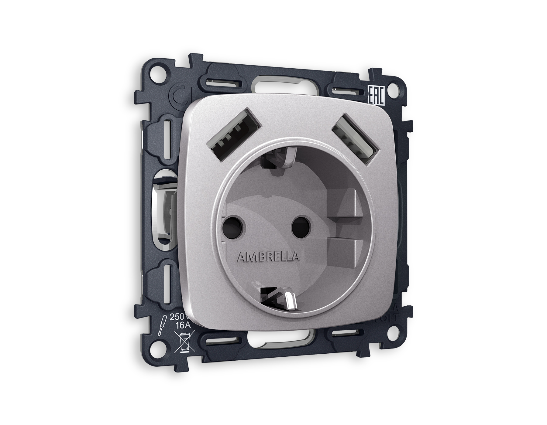 MO509010 Комплект механизма электр розетки OMEGA Сталь матовый 2USB A+A 18W с/з QUANT(OP5090, M155)