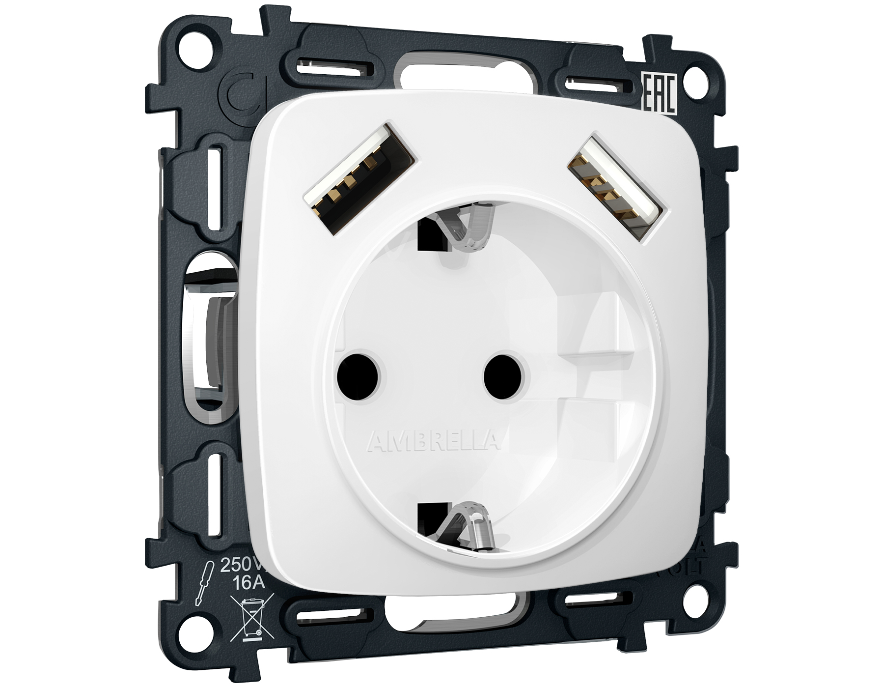 MO129010 Комплект механизма электр розетки OMEGA Белый матовый 2USB A+A 18W с/з QUANT (OP1290,VM155)