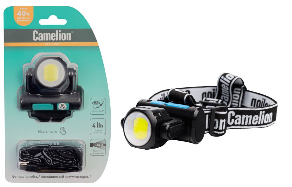 Фонарь CAMELION LED53402 (налоб, аккум 3,7В, черн, COB+LED, 3,5 Вт, 4 реж, Type-C, блист)