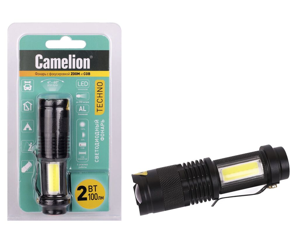 Фонарь CAMELION LED51531 черный LED XPE+COB ZOOM 4 реж 1XLR6 алюм. откр. блистер