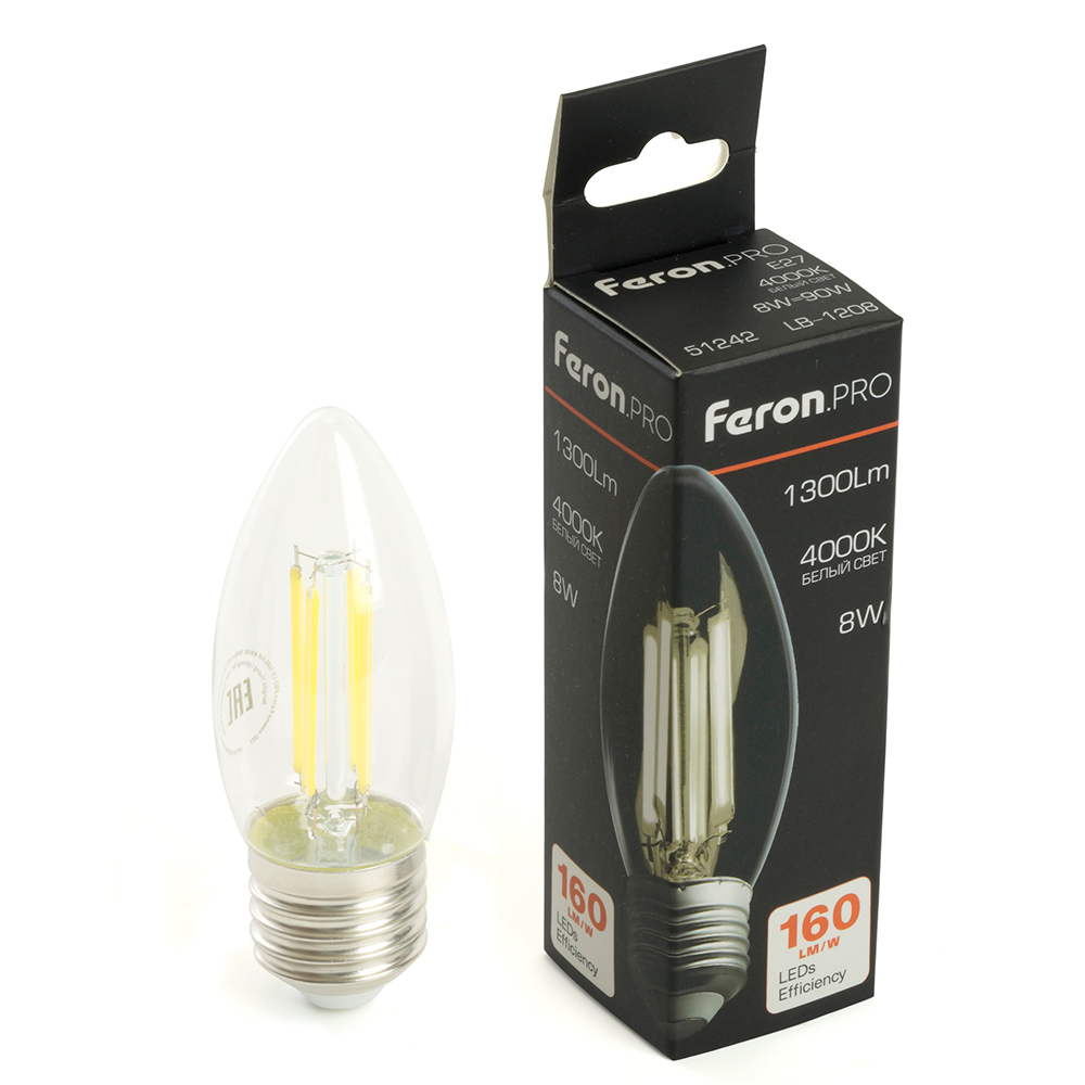 Лампа светодиодная FERON PRO LB-1208 (8W) 230V E27 4000K C35 прозрачная