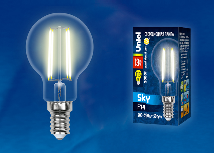 Лампа светодиодная UNIEL LED-G45-13W/3000K/E14/CL PLS02WH картон