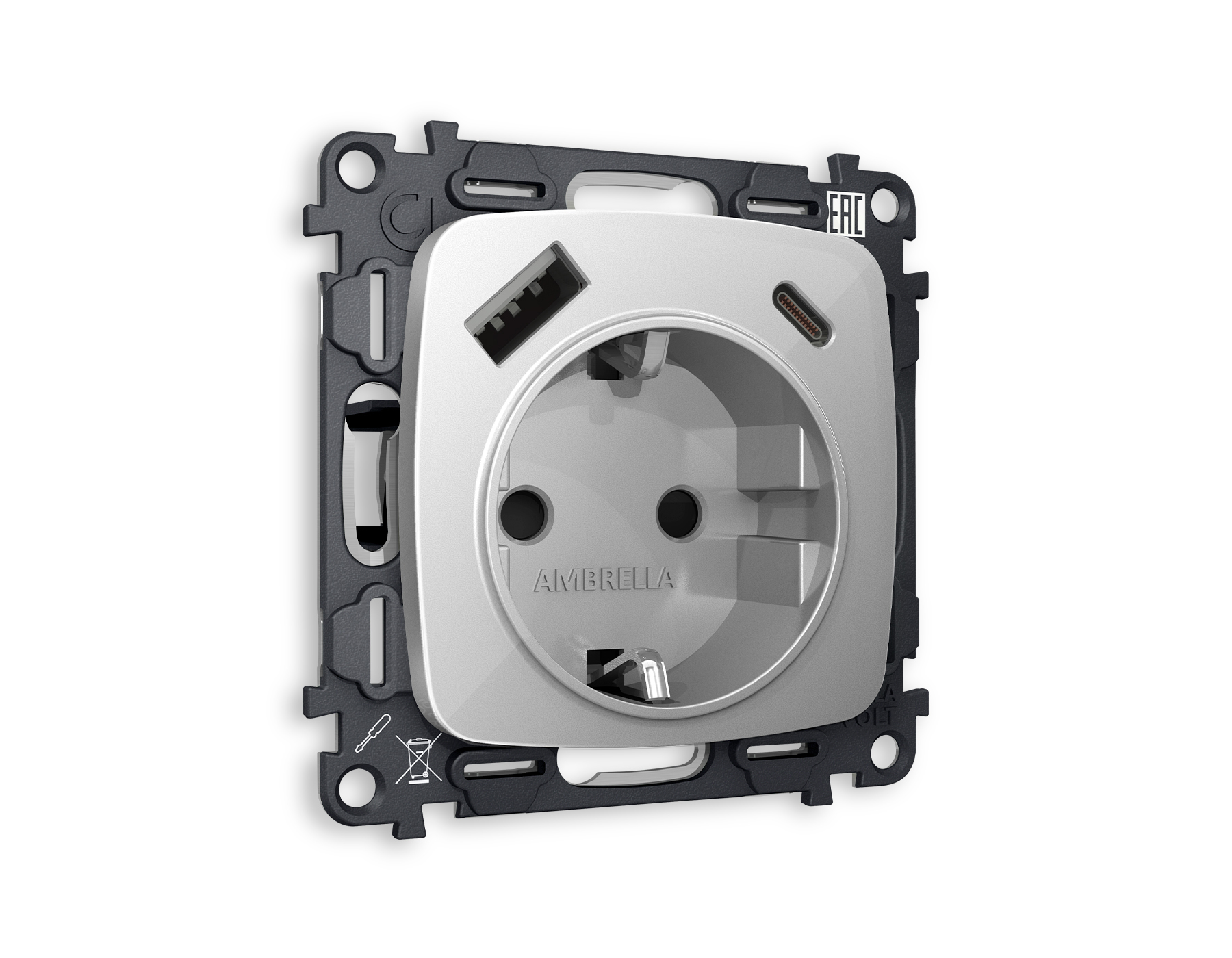 MO410010 Комплект механизма электр розетки OMEGA Серебро глянец 2USB A+C 20W с/з QUANT(OP4100,VM160)