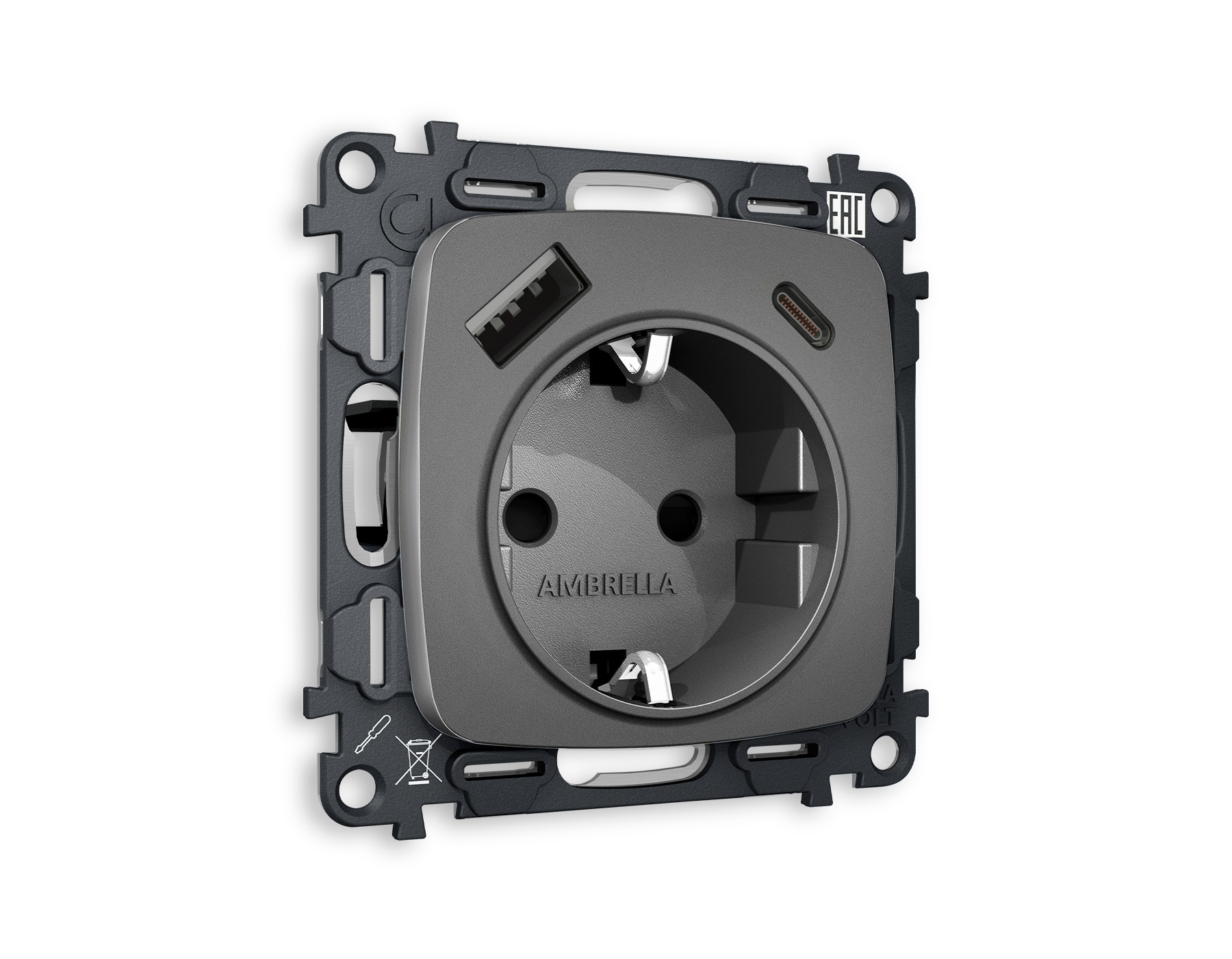 MO660010 Комплект механизма электр розетки OMEGA Антрацит серый 2USB A+C 20W с/з QUANT(OP6600,VM160)