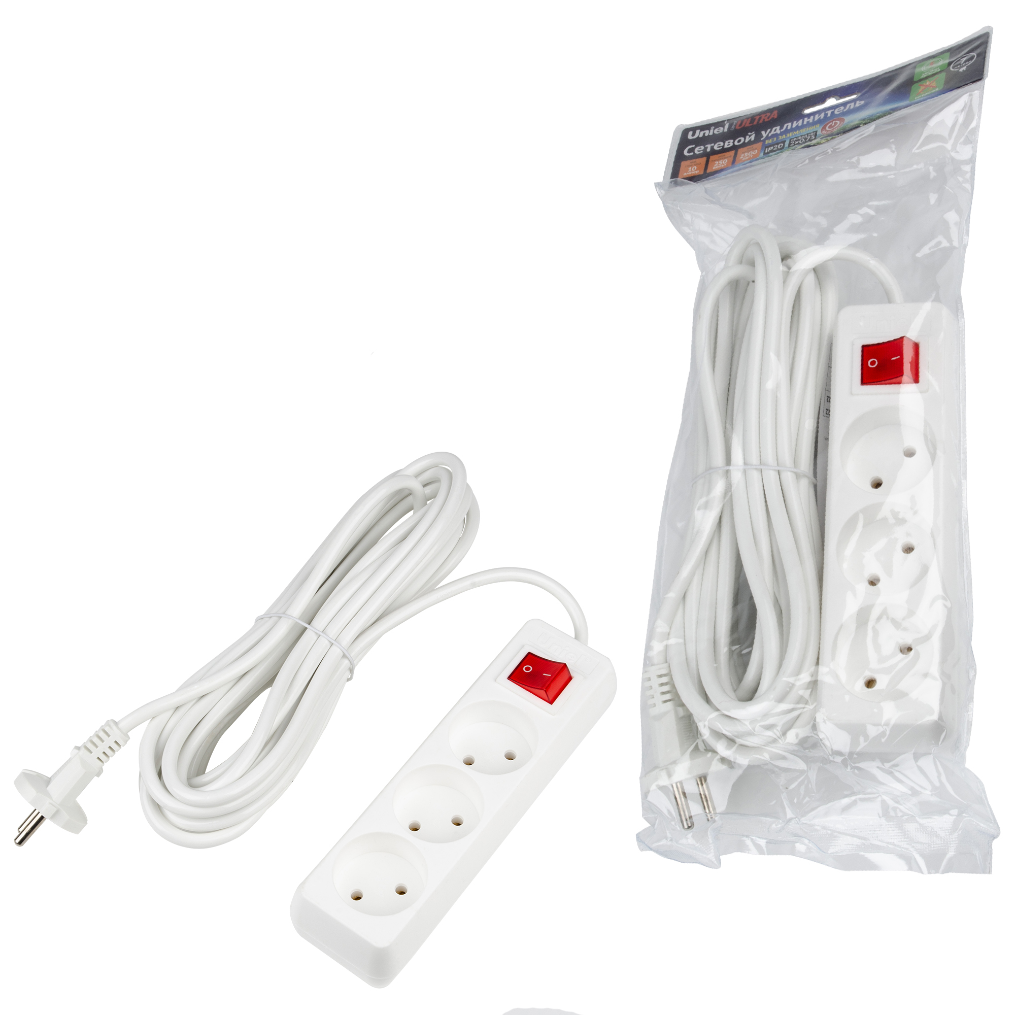 Удлинитель UNIEL S-CU3-7B WHITE шнур 7м., 3 гнезда, 10A, б/з, с выкл. Белый. серии Ultra