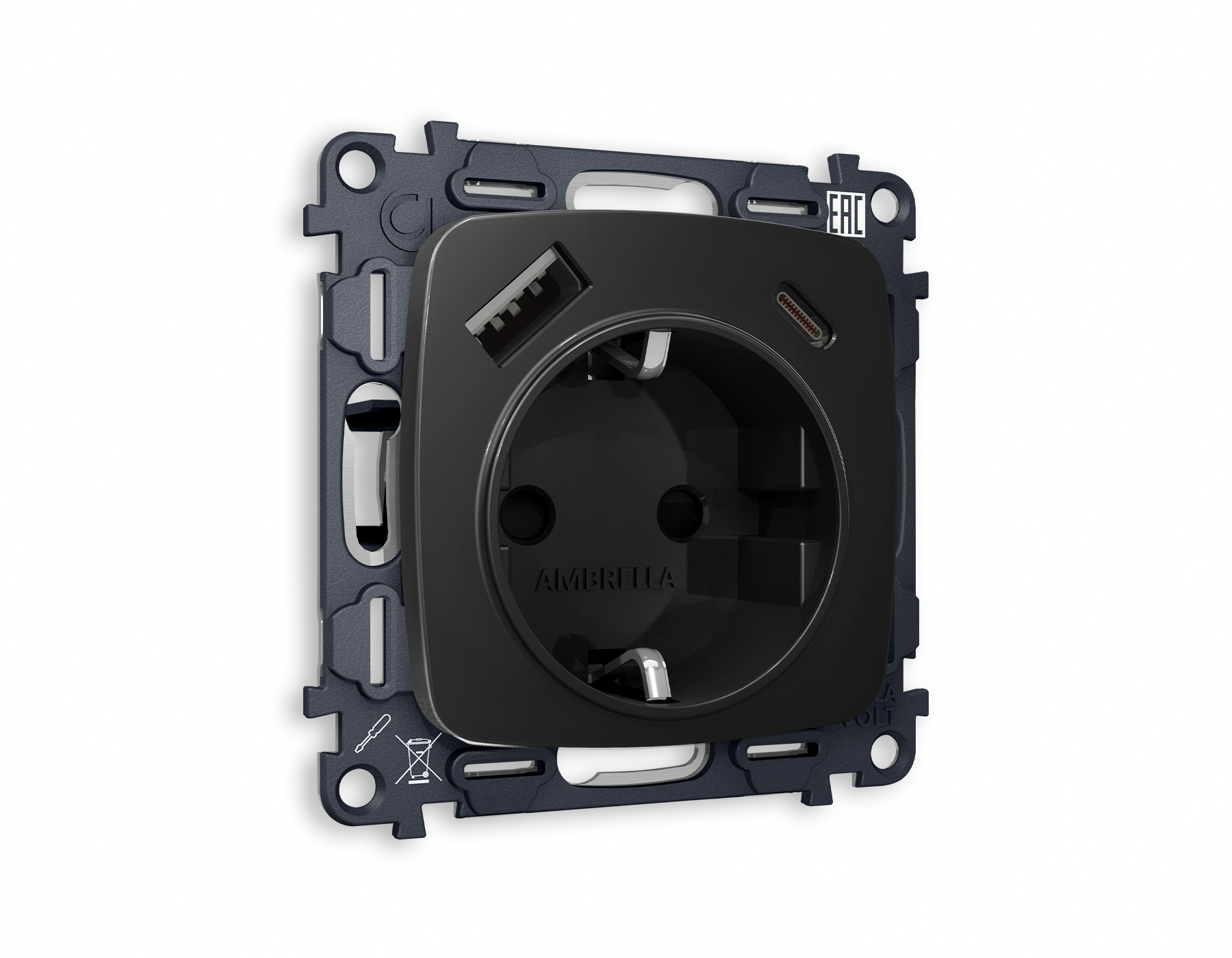 MO810010 Комплект механизма электр розетки OMEGA Черный матовый 2USB A+C 20W с/з QUANT(OP8100,VM160)