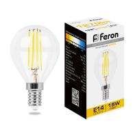 Лампа светодиодная FERON LB-515 (15W) 230V E14 2700K филамент G45 прозрачная