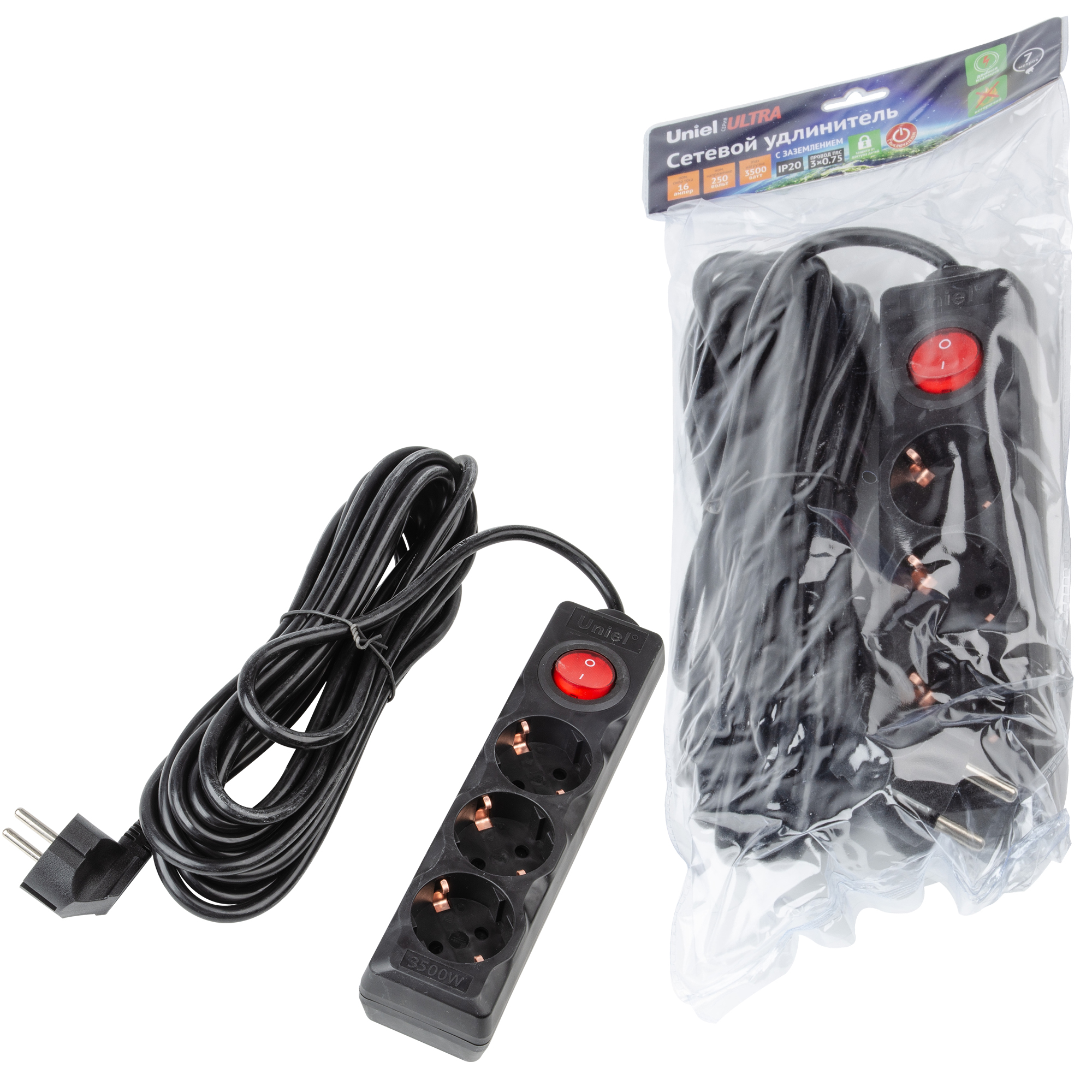 Удлинитель UNIEL S-GCU3-7B BLACK шнур 7м., 3 гнезда, 16A, с/з, с выкл. Черный. серии Ultra