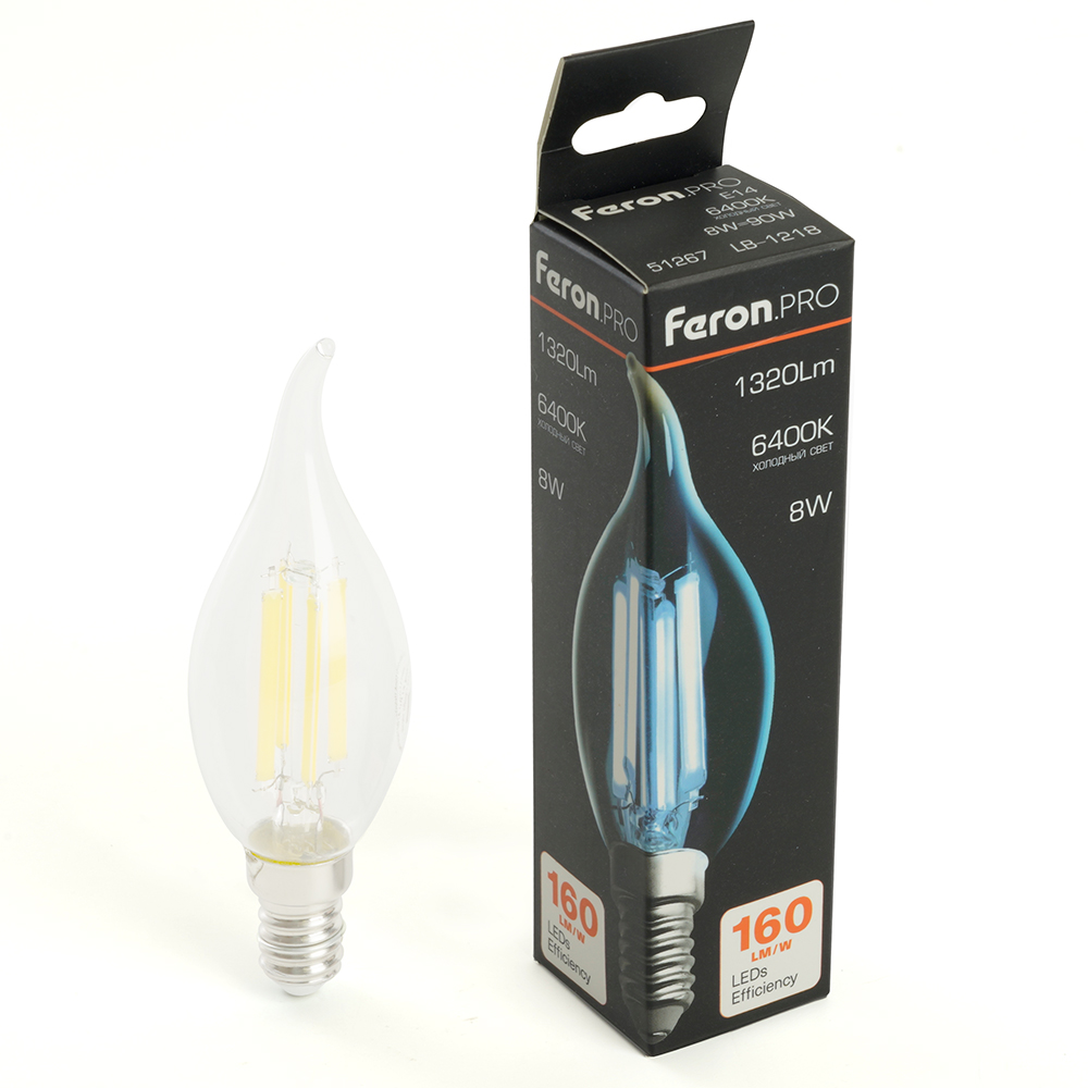 Лампа светодиодная FERON PRO LB-1218 1320LM 8W 175-265V E14 6400K C35T прозрачная 