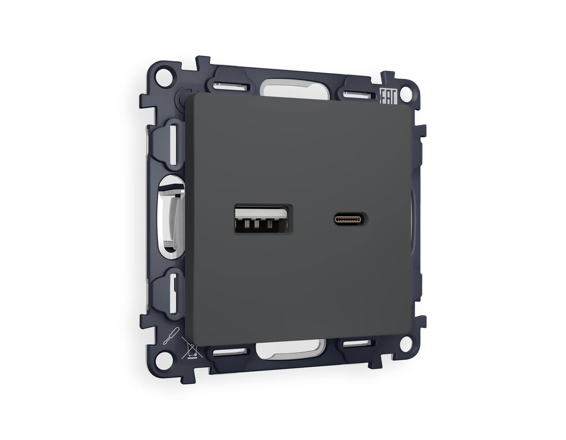 MA911010 Комплект механизма розетки ALFA Графит мягкое касание 2USB A+C 20W QUANT (AP9110, VM177) 