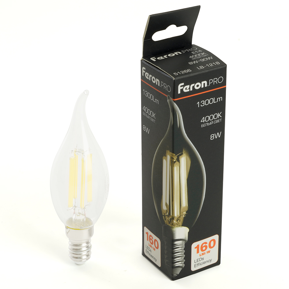 Лампа светодиодная FERON PRO LB-1218 1300LM 8W 175-265V E14 4000K C35T прозрачная 
