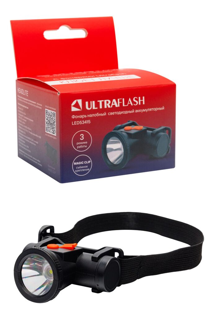 Ultraflash LED53415 (фонарь налоб.аккум 3,7В,,черный, LED XPE, 1 Ватт, 3 реж., Micro-USB, бокс)