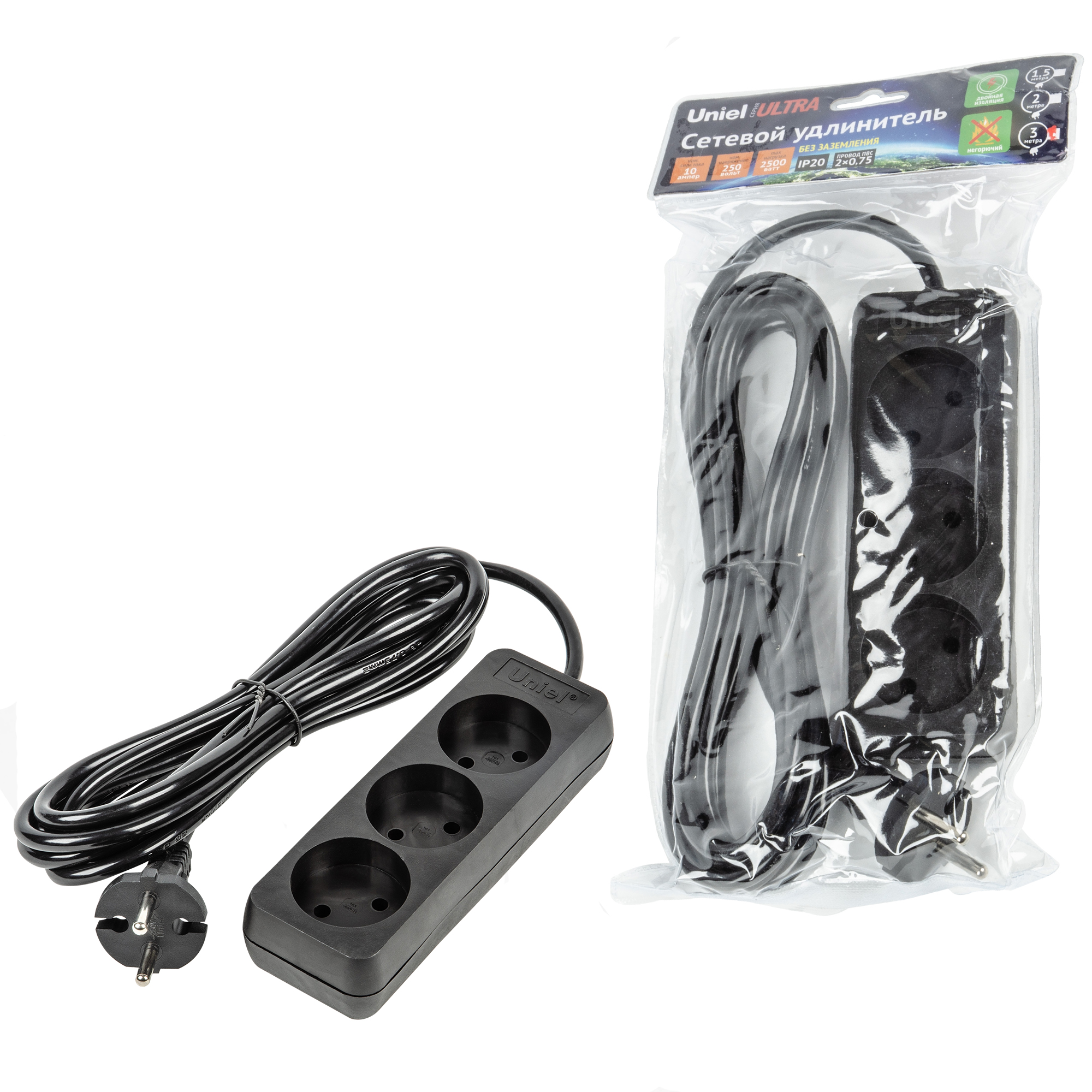 Удлинитель UNIEL S-CU3-3 BLACK шнур 3м., 3 гнезда, 10A, б/з. Черный. серии Ultra