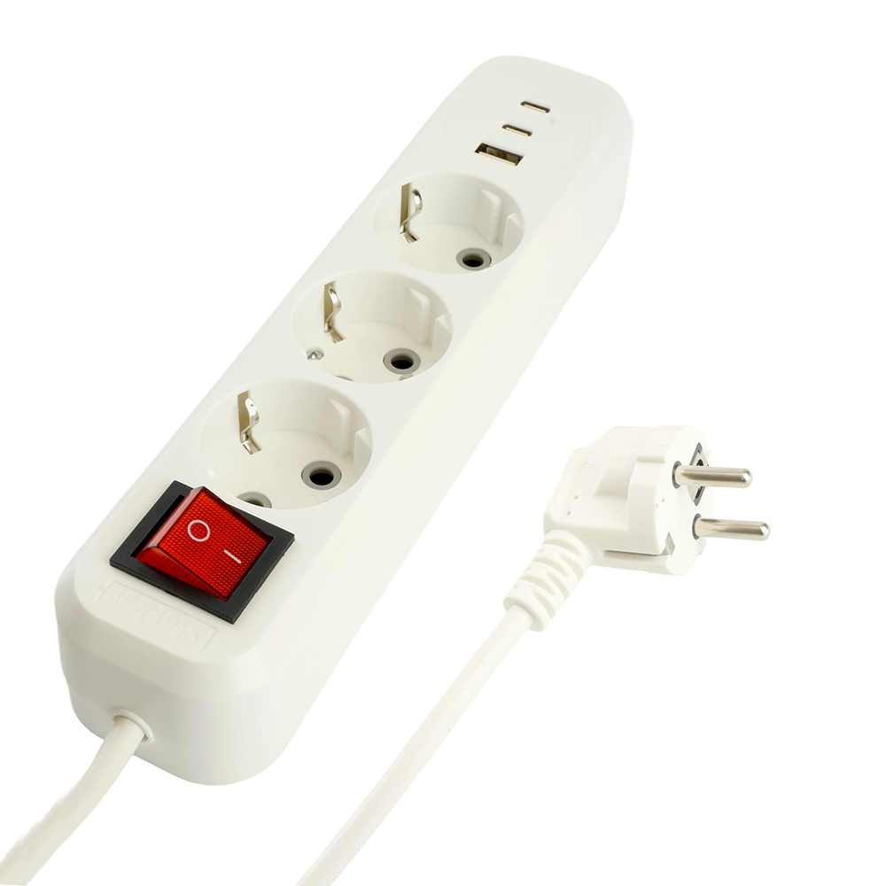 Удлинитель 3-местный с/з с выключ., 3x1мм2, 3м, 250В, 16А, 1USB+2C, 2.4A, сер Home, HM071-31-03, бел