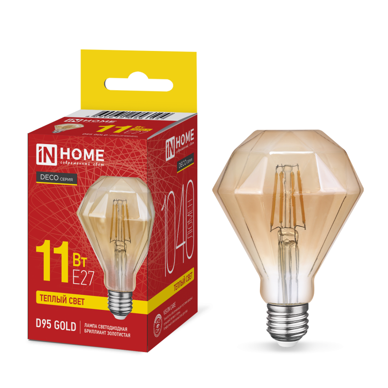 Лампа светодиодная IN HOME LED-D95-deco gold 11Вт 230В E27 3000K 1040Лм бриллиант золотистая 