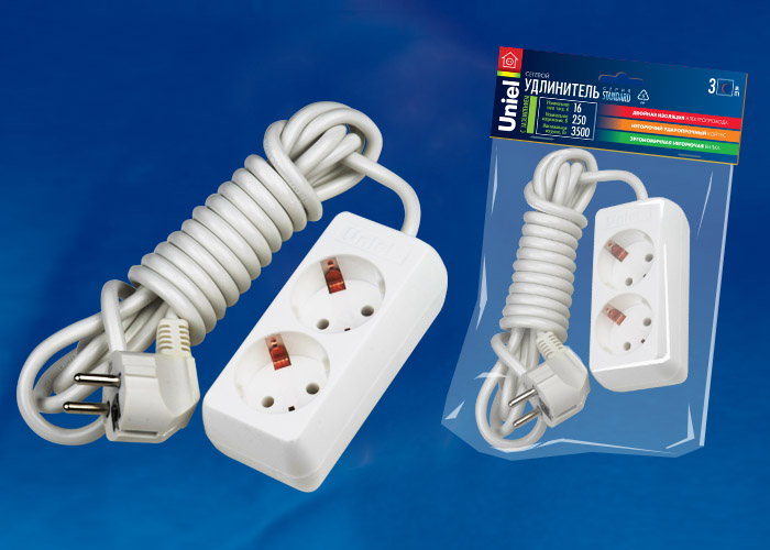 Удлинитель UNIEL S-GCD2-3 шнур 3 м., 2 гнезда, с/з. Белый. серии Standart