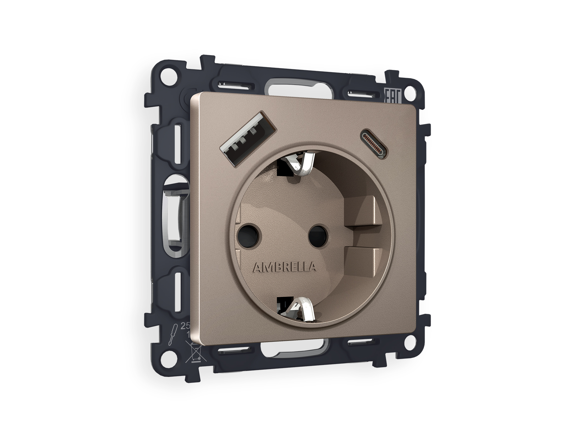 MA640010 Комплект механизма электр розетки ALFA Тем/бронз матов 2USB A+C 20W с/з QUANT(AP6400,VM160)