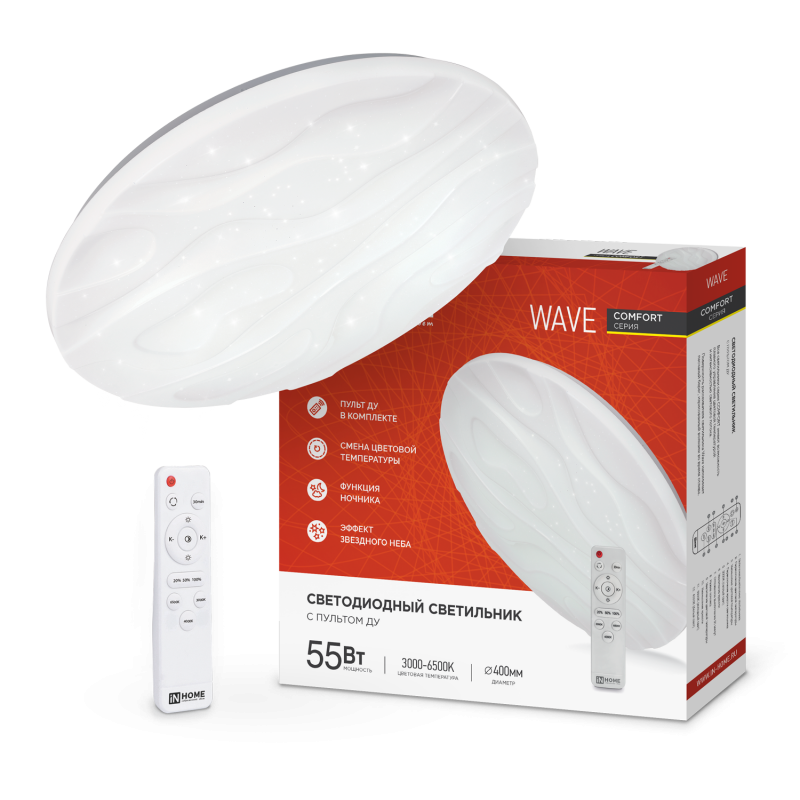 Светильник светодиодный IN HOME COMFORT WAVE 55Вт 230В 3000-6500K 4400Лм 400x75мм с пультом ДУ