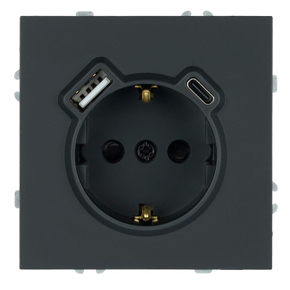 Розетка 1-местная з/ш с/з 16А + USB + Type C (механизм), 250В, 20W, серия Эмили, черный уголь, soft-