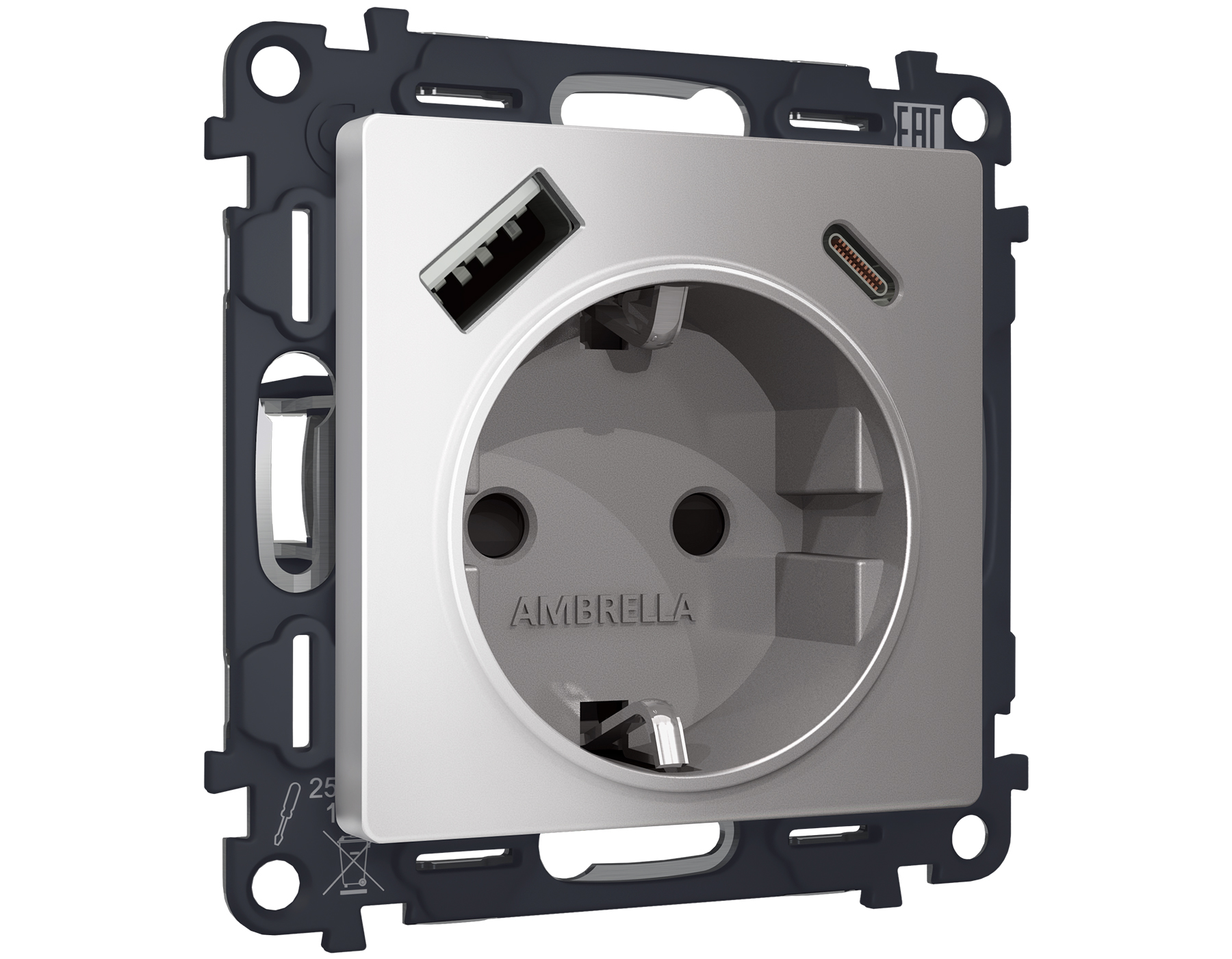 MA510010 Комплект механизма электр розетки ALFA Сталь матовый 2USB A+C 20W с/з QUANT (AP5100, VM160)