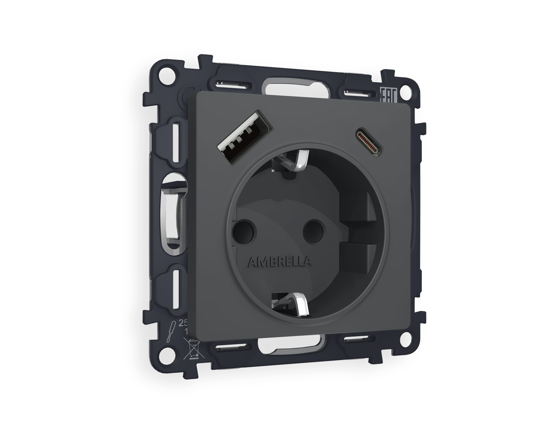 MA910010 Комплект механизма электр розетки ALFA Графит мяг/кас 2USB A+C 20W с/з QUANT AP9100,VM160)